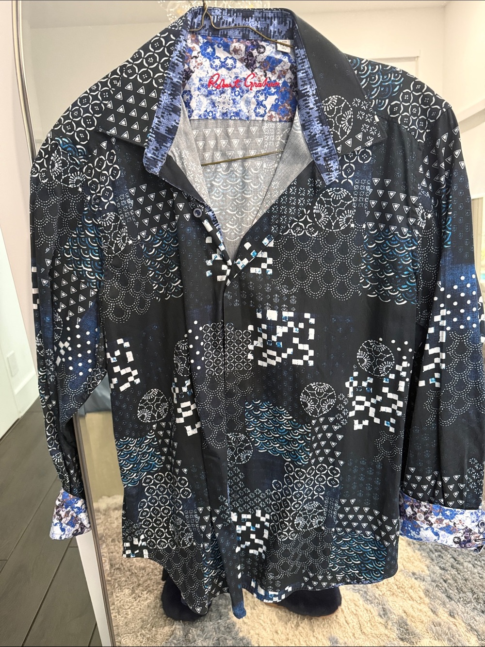 Robert Graham Blue, Black & Gray Mixed-Pattern Shirt with Red Signature
